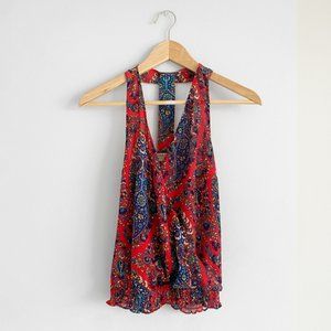 Lucky Brand Red Multi-Color Paisley Patterned Banded Bottom Top